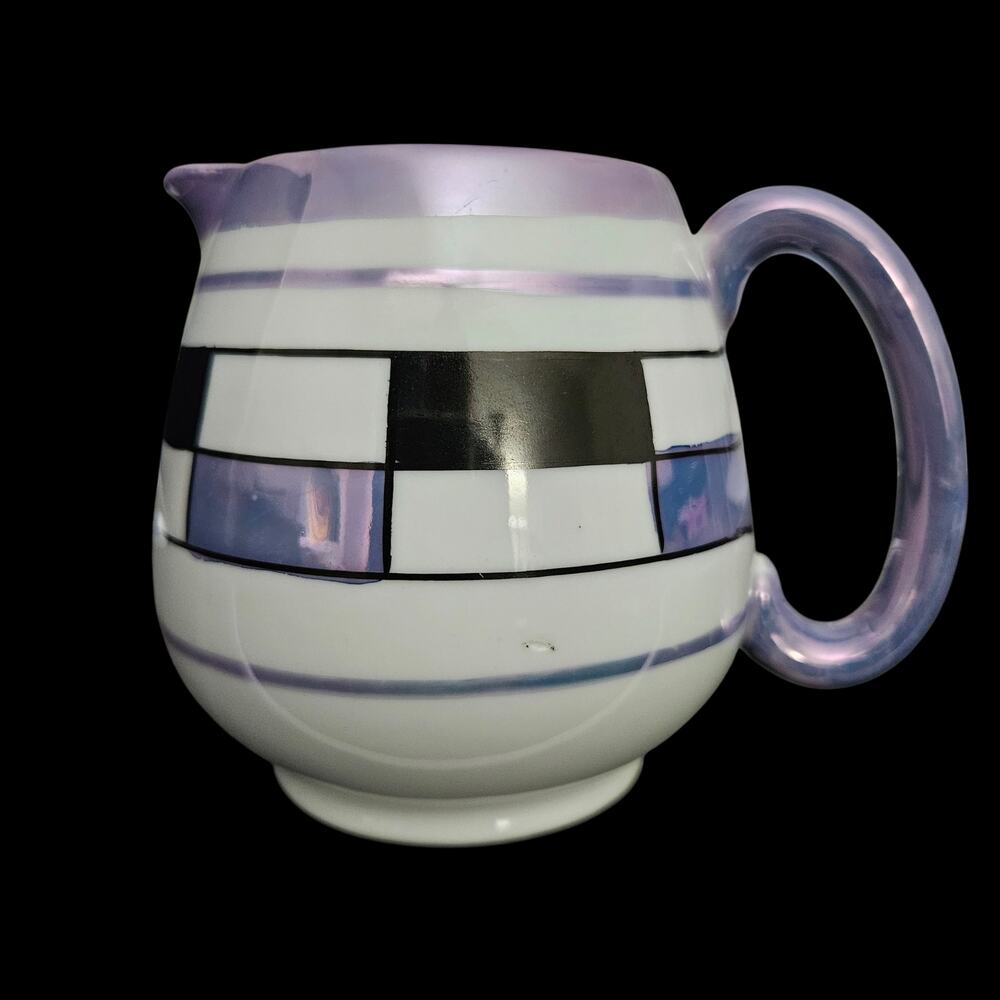Vintage Japan Creamer Purple Lustre Handle Black White Geometric Ceramic Pitcher